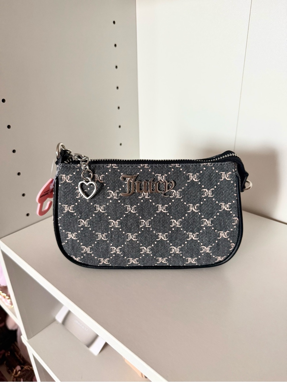 Juicy Couture “She’s The Moment” Black Logo Mini Wristlet with Heart Charm